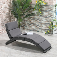Outsunny Outdoor Foldable PE Rattan Sun Lounger with Soft Padded Cushion, Ergonomic Curved Design Sun Bed for Balcony