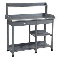 Outsunny Garden Potting Table with Storage, Workbench, Metal Top, Storage Shelves & Hooks for Patio, Courtyard, Wooden