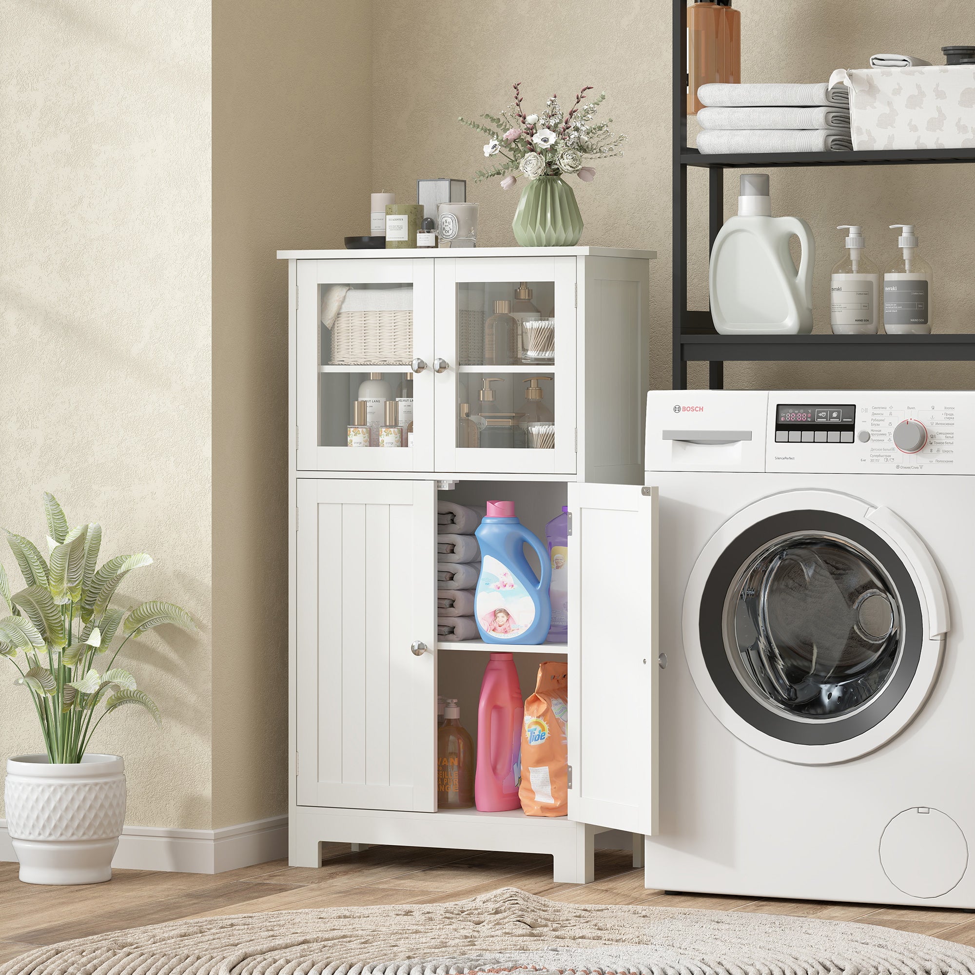 kleankin Bathroom Floor Cabinet, Freestanding Kitchen Cupboard with 2 Drawers, Adjustable Shelves and Tempered Glass Door, Wooden Storage Unit for Living Room Kitchen Hallway