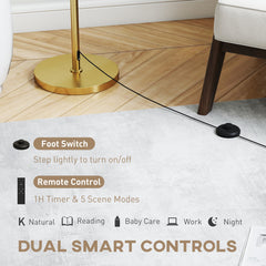 HOMCOM Floor Lamp with Remote, Height Adjustable Standing Lamp with Linen Shade, Dimmable with 3000K-6000K Adjustable Colour Temperatures, Foot Switch for Living Room Bedroom Office, Gold Tone
