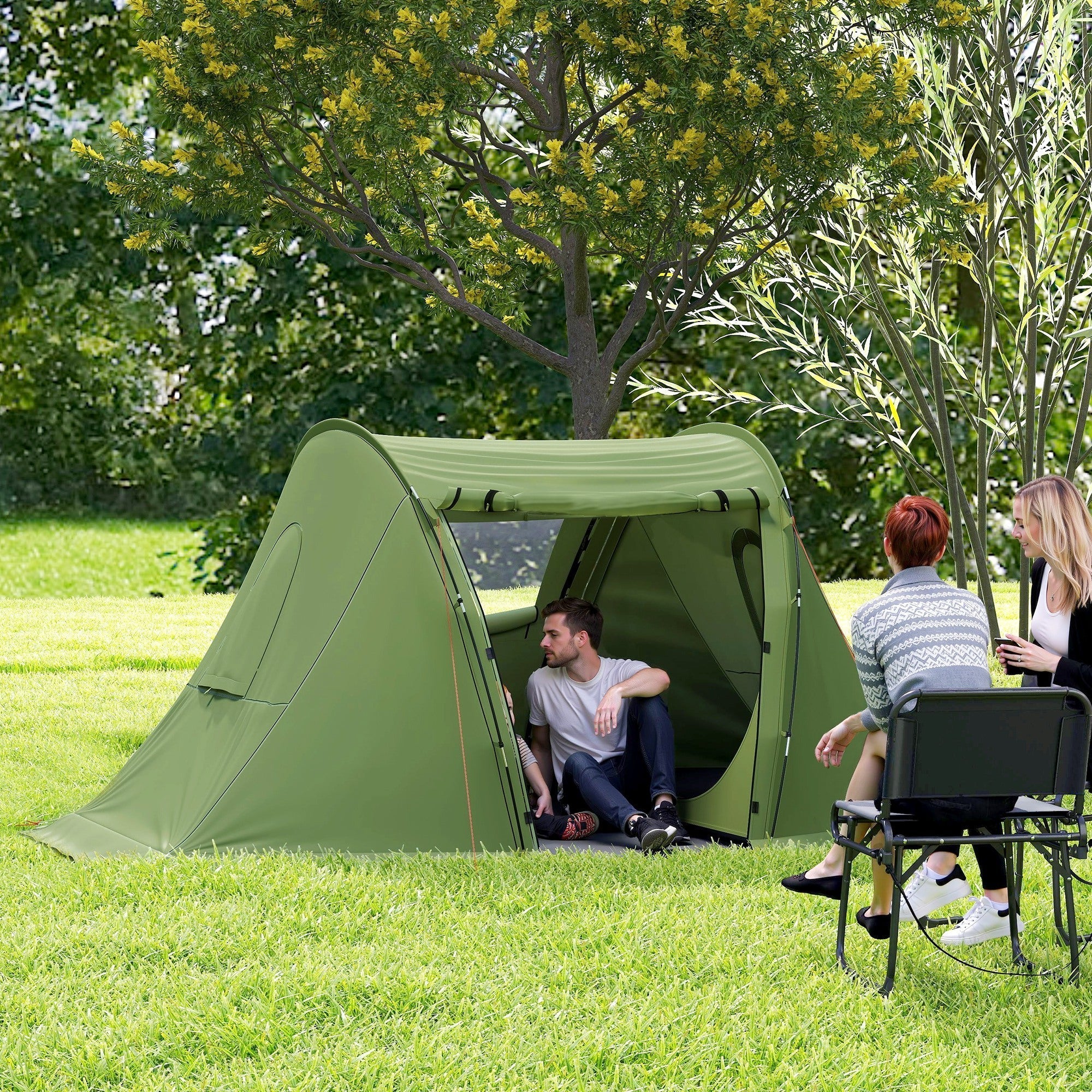 Outsunny 3 Man Camping Tent with Living Area and 2 Bedrooms, 3000mm Waterproof Family Tent with Sewn-in Groundsheet and bag, Portable Dome Shelter for Hiking, Festival, Backpacking, Green