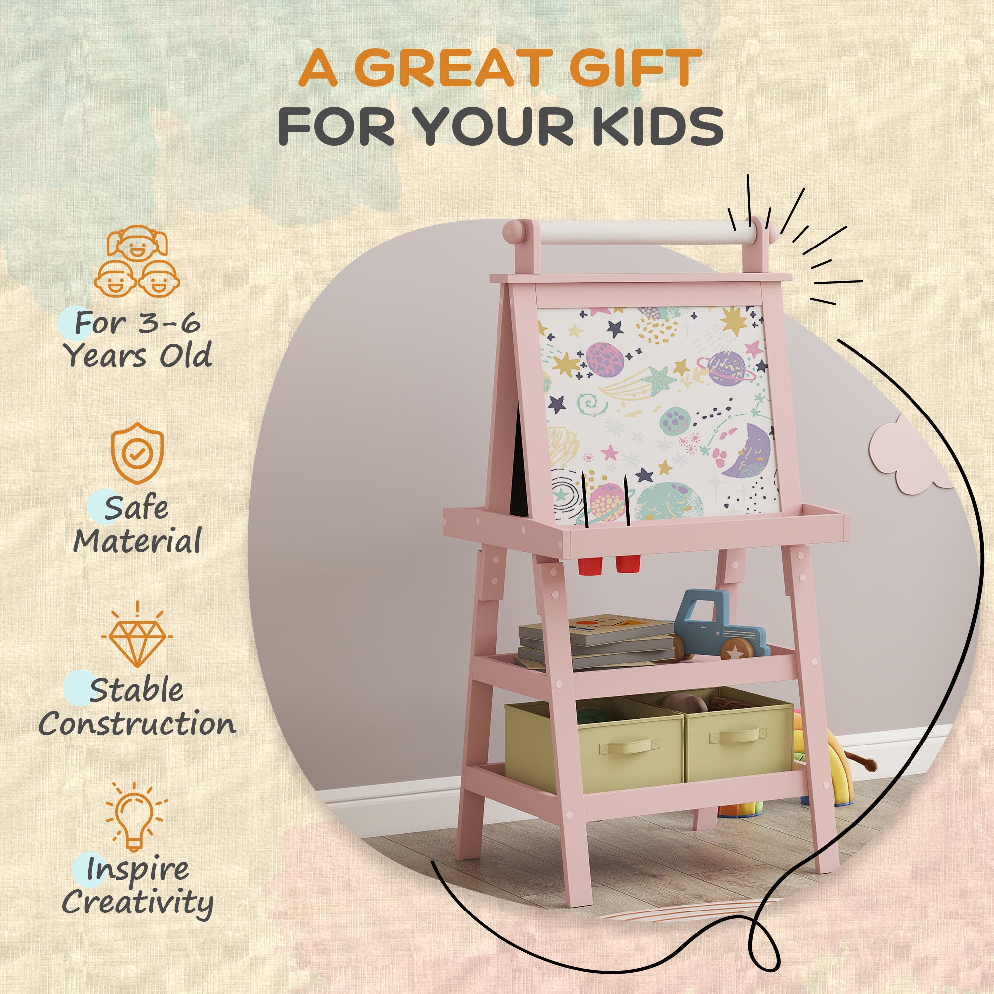 AIYAPLAY 3 in 1 Kids Easel Double-Sided Magnetic Whiteboard and Chalkboard with Paper Roll, Storage Baskets - Pink