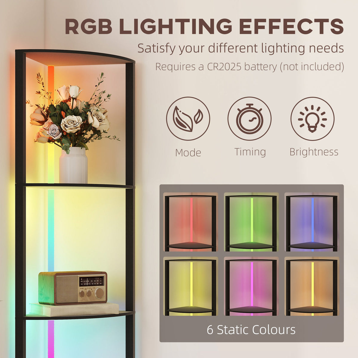 HOMCOM RGB LED Floor Lamp with Shelves, 4-Tier Dimmable Standing Lamp with Remote Control, Black