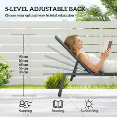 Outsunny Sun Loungers Set of 2 with Side Tray Table, Garden Recliners with 5-Position Adjustable Backrest, 2 Wheels, Grey