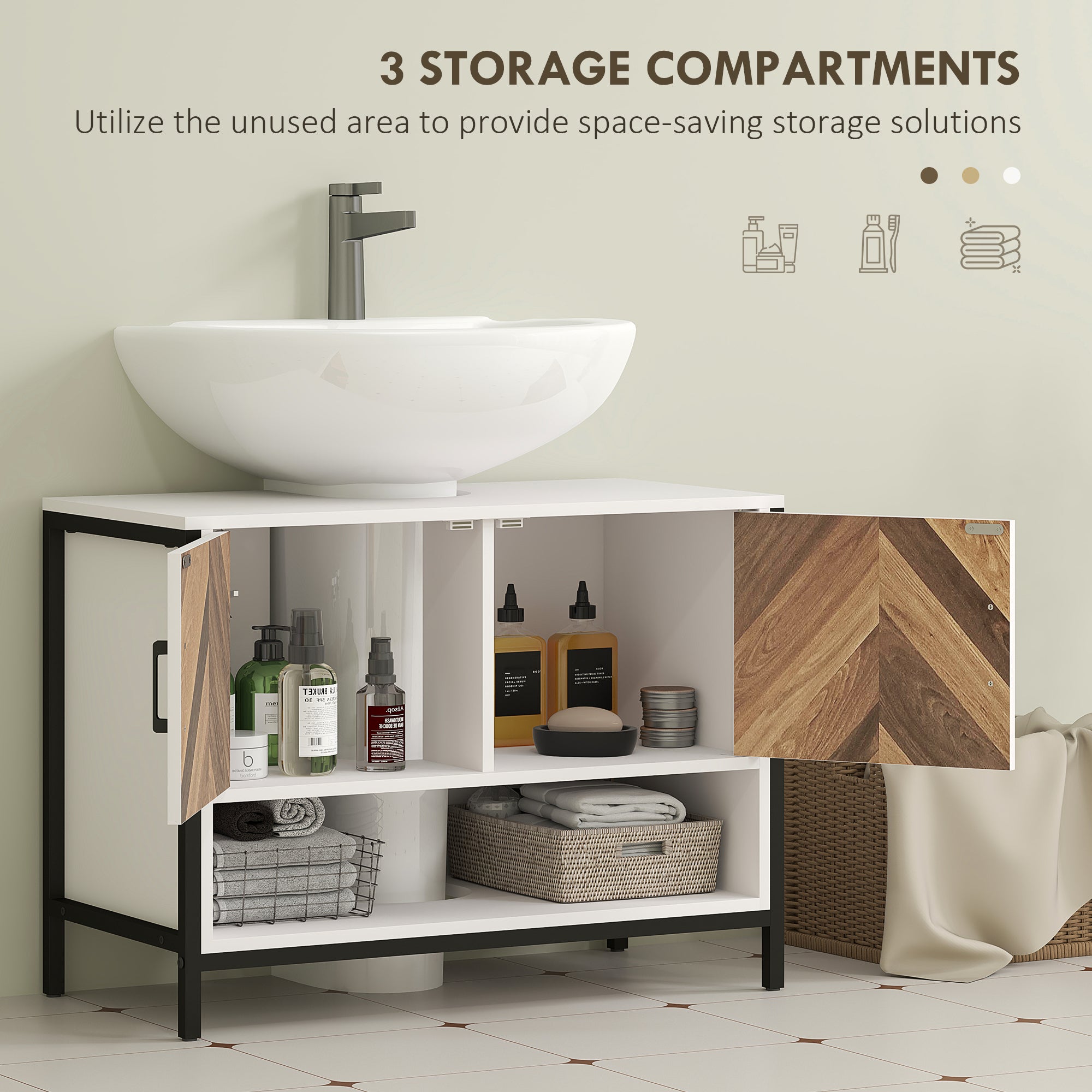 HOMCOM Under Sink Bathroom Cabinet, Rustic Under Sink Cabinet with Herringbone Doors and Open Compartment for Basin with or without Pedestal, 80 x 40 x 60cm, Cream White