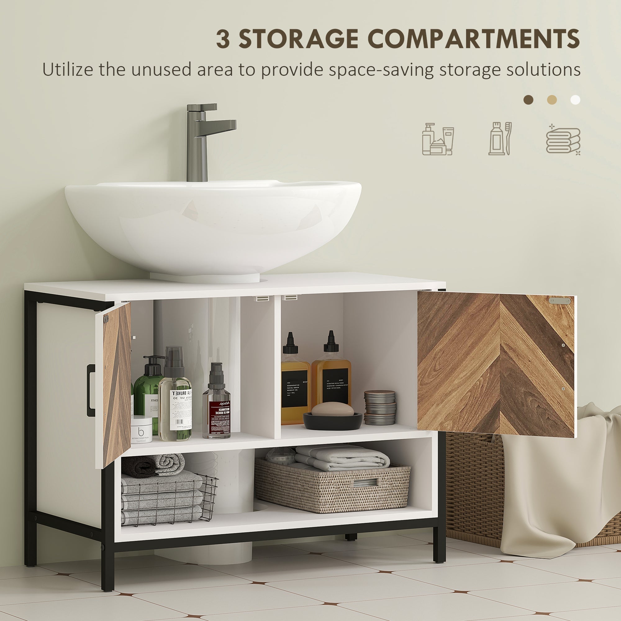 HOMCOM Under Sink Bathroom Cabinet, Rustic Under Sink Cabinet with Herringbone Doors and Open Compartment for Basin with or without Pedestal, 80 x 40 x 60cm, Cream White