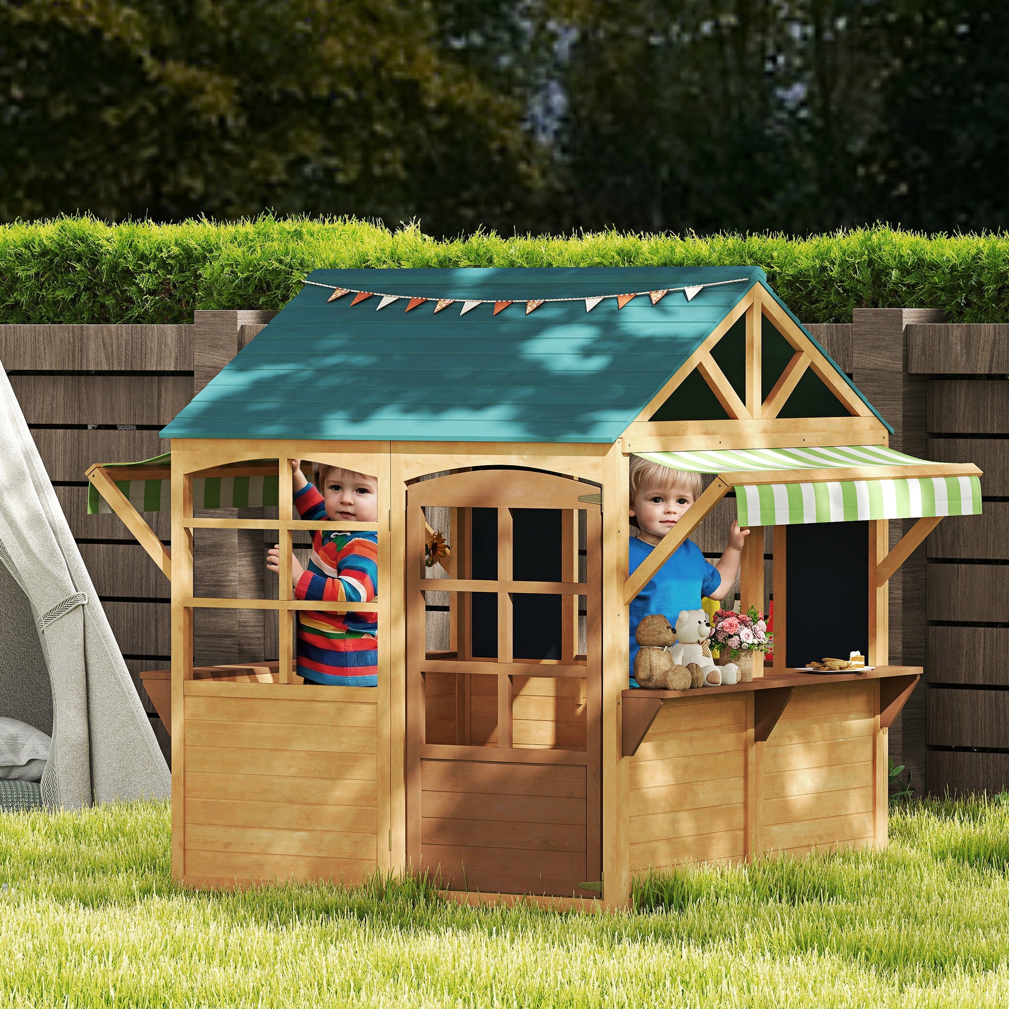 AIYAPLAY Wooden Playhouse for Kids, Foldable Wendy House with Windows, Working Door, Service Stations, Rain Covers, Brown