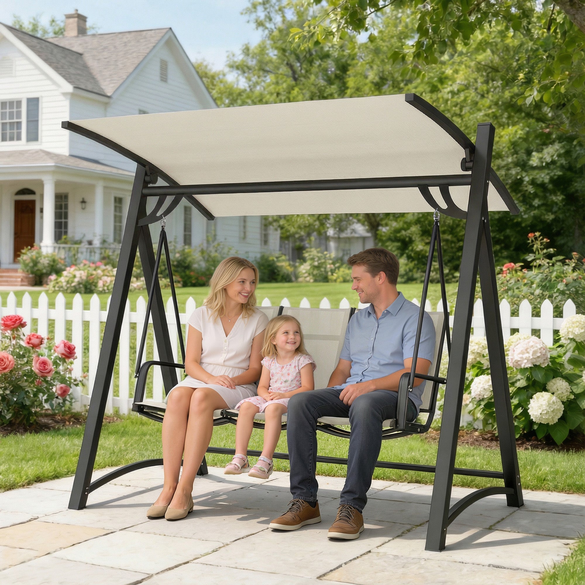 Outsunny 3 Seater Swing Chair, Garden Swing Bench with Adjustable Tilting Canopy, Breathable Mesh Seat 360 kg Capacity, White