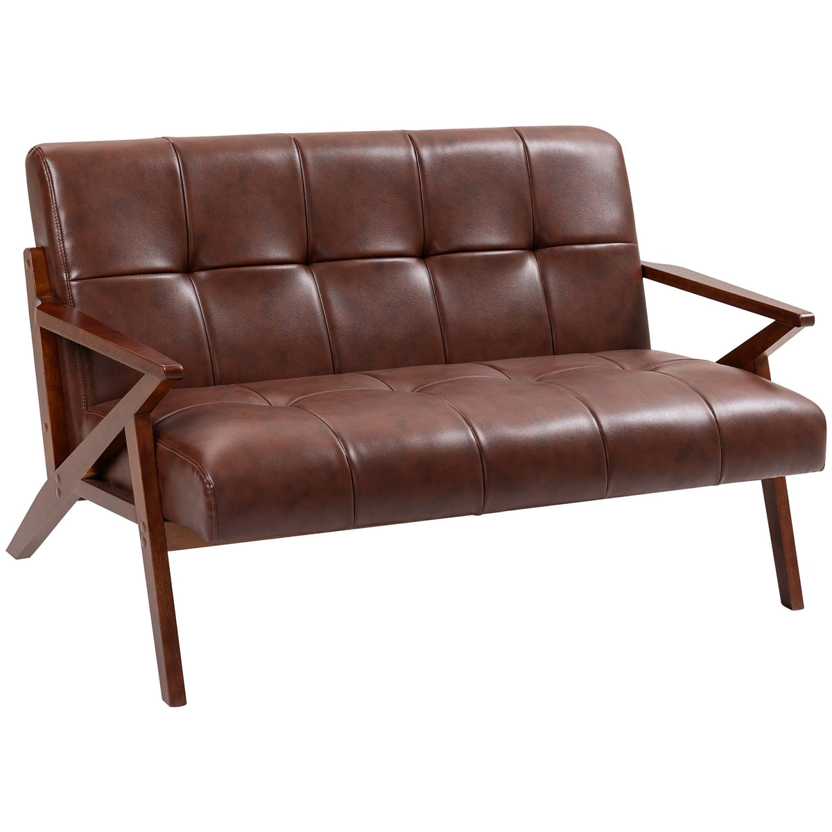 HOMCOM Compact 2 Seater Sofa, Vintage Tufted Loveseat Sofa with Solid Wood Legs, PU Leather Small Couch Settee for Living Room, Bedroom, Home Office, 133 x 81 x 78.5 cm, Brown