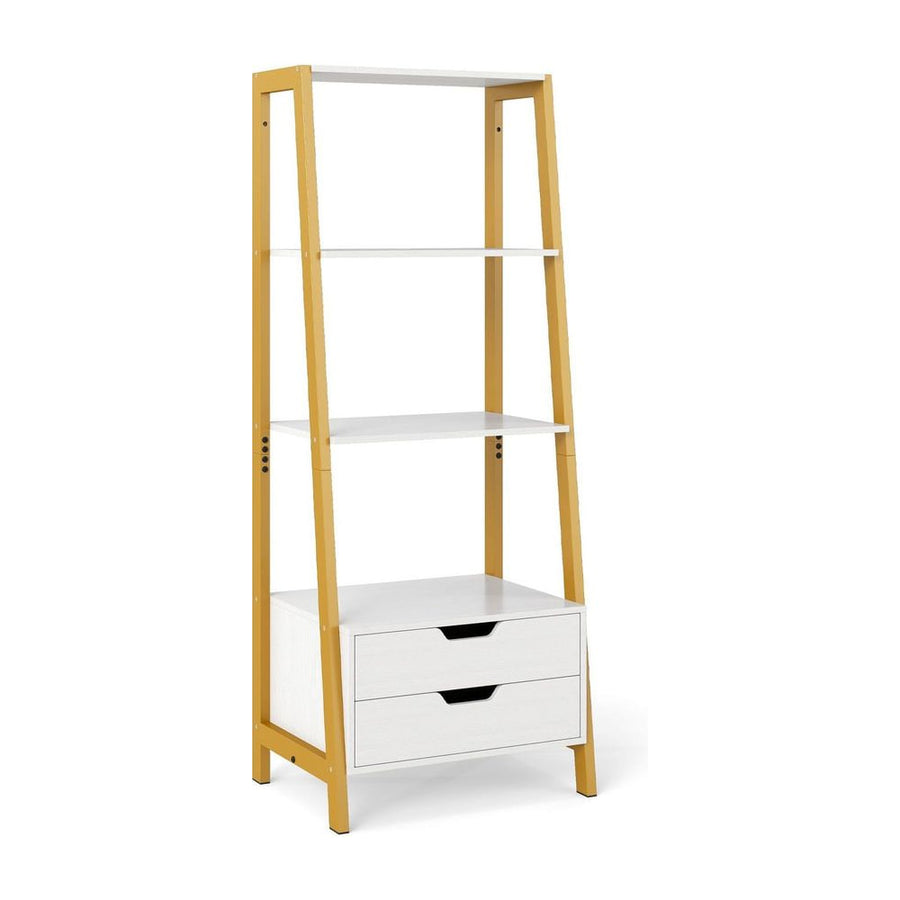 Ladder Bookshelf Tall Freestanding Display Rack with Storage in white with gold frame