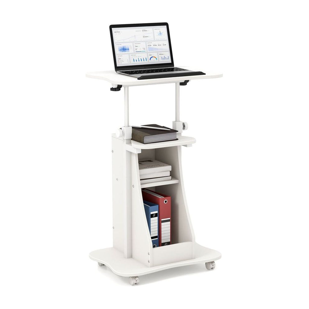 Laptop Cart Height Adjustable with Wheels, a white mobile desk with a laptop on top and storage shelves