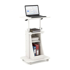 Laptop Cart Height Adjustable with Wheels, a white mobile desk with a laptop on top and storage shelves
