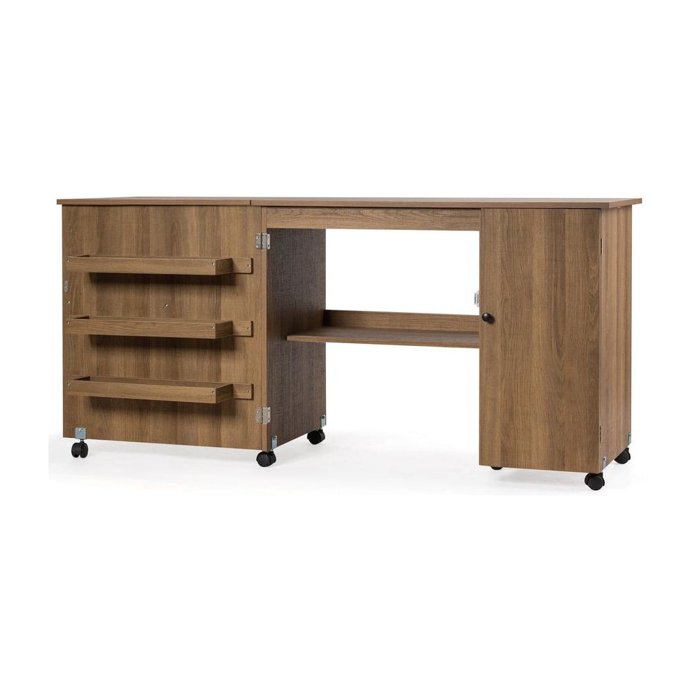 Large Foldable Sewing Table with Lockable Casters, a long wooden desk with fold-out sides and storage shelves