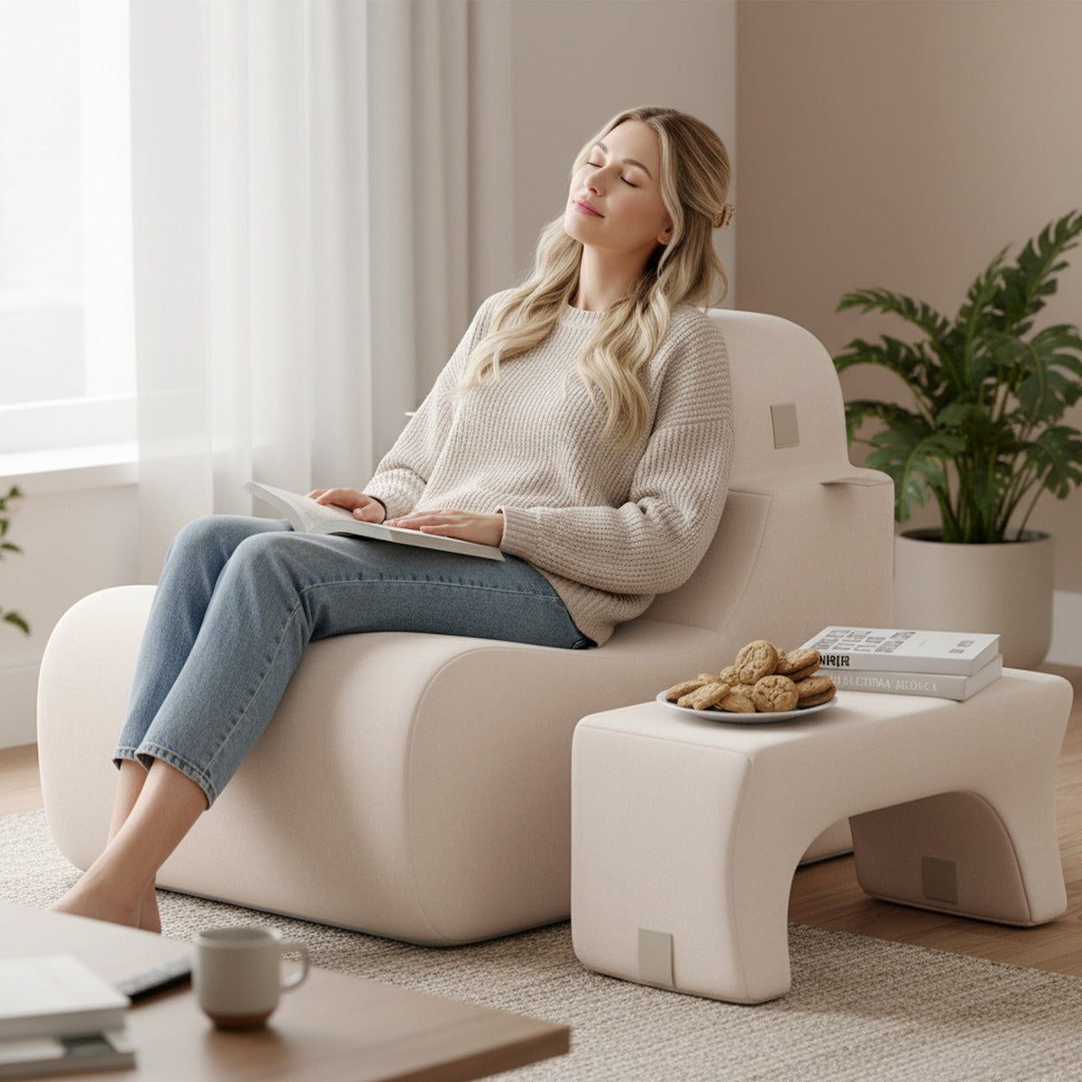 Lazy Sofa with Detachable Headrest and Washable Ice Velvet Cover-Beige