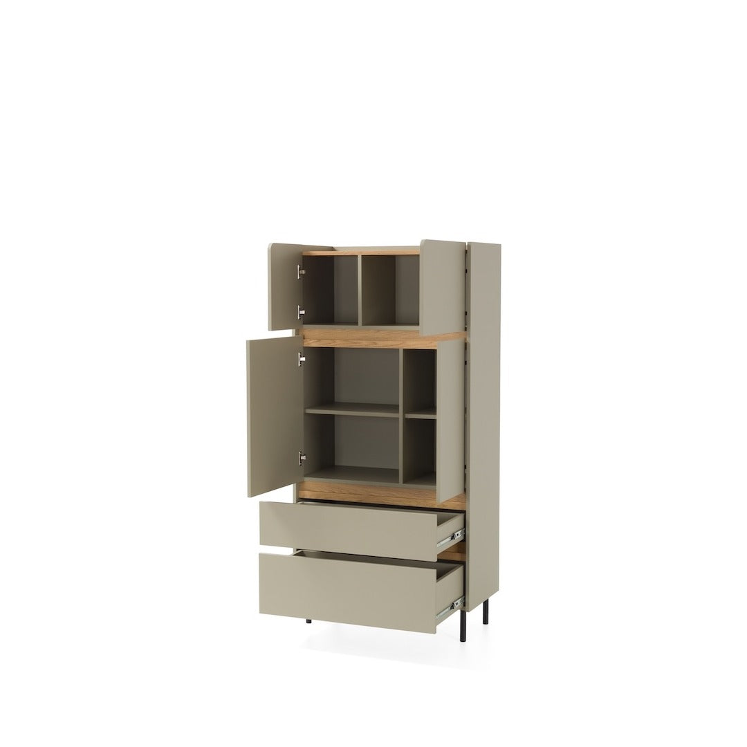 The highboard cabinet with all doors and drawers open to reveal internal storage shelves