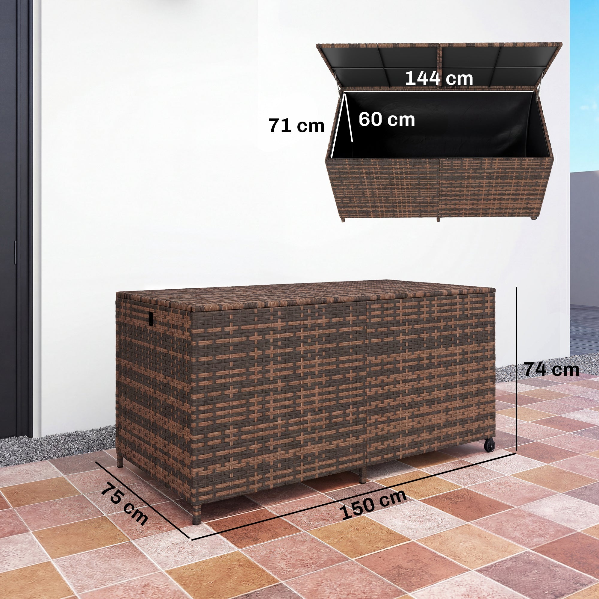Outsunny 650L Garden Storage Box with 2 Wheels, Rattan Deck Box with Waterproof Zipped Liner, Safe Pneumatic Rods, Mixed Brown