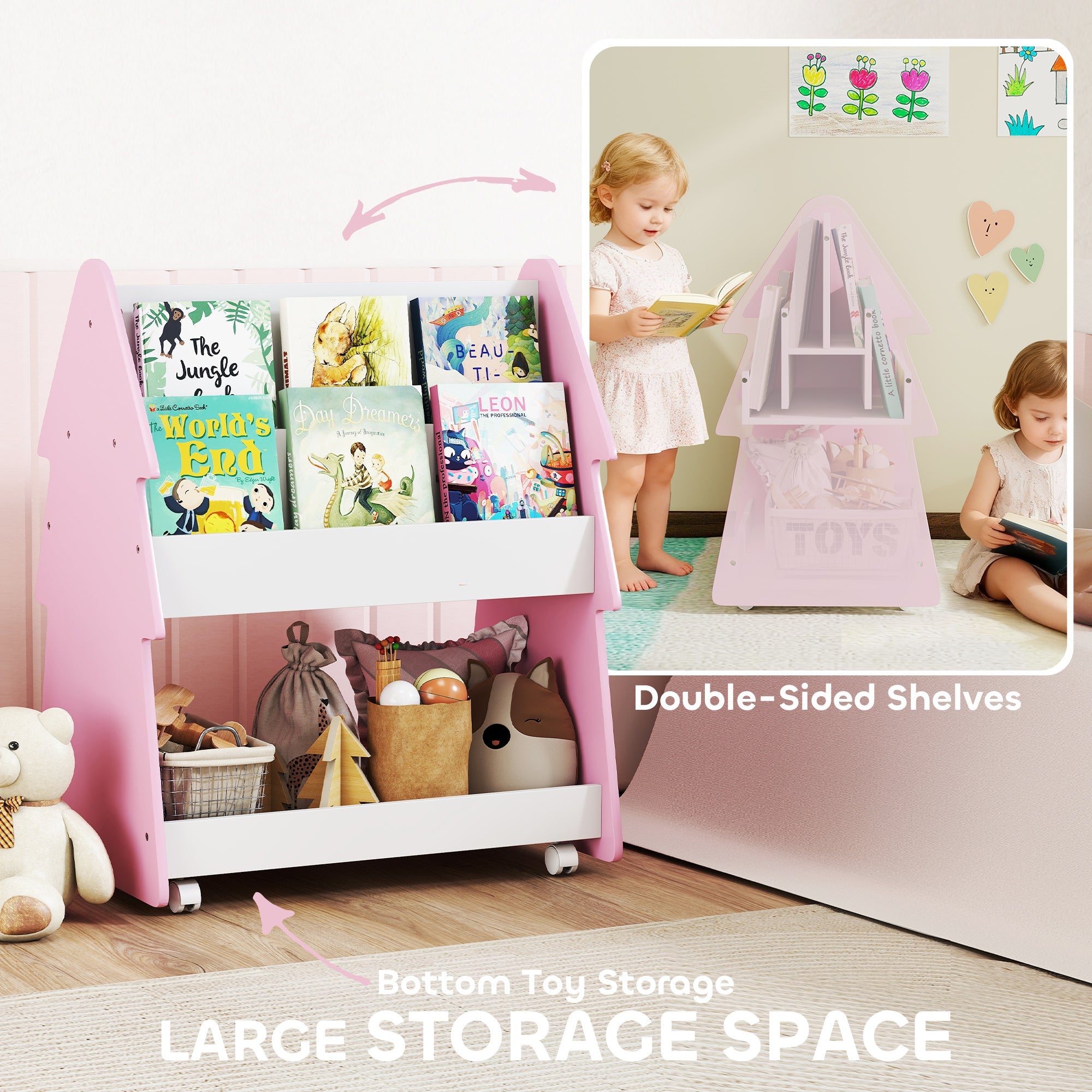 AIYAPLAY Kids Bookshelf with Toy Storage, Double-Sided Bookcase with Wheels, 3 Tier Kids Book Rack for Bedroom, Pink