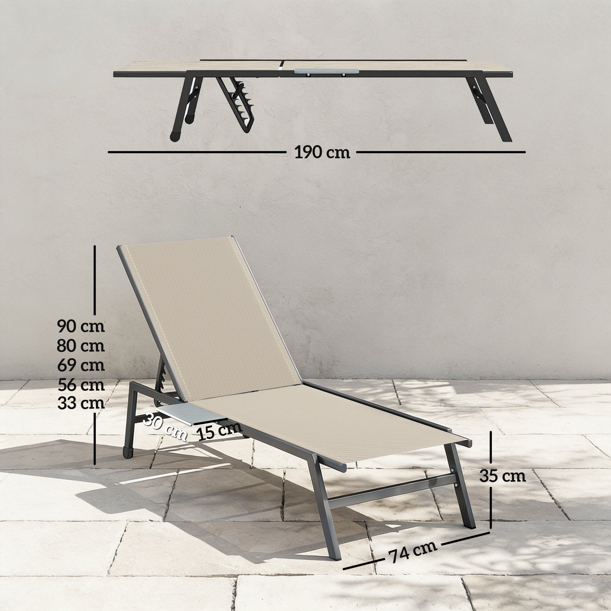 Outsunny Sun Loungers Set of 2 with Side Tray Table, Garden Recliners with 5-Position Adjustable Backrest, 2 Wheels, Khaki