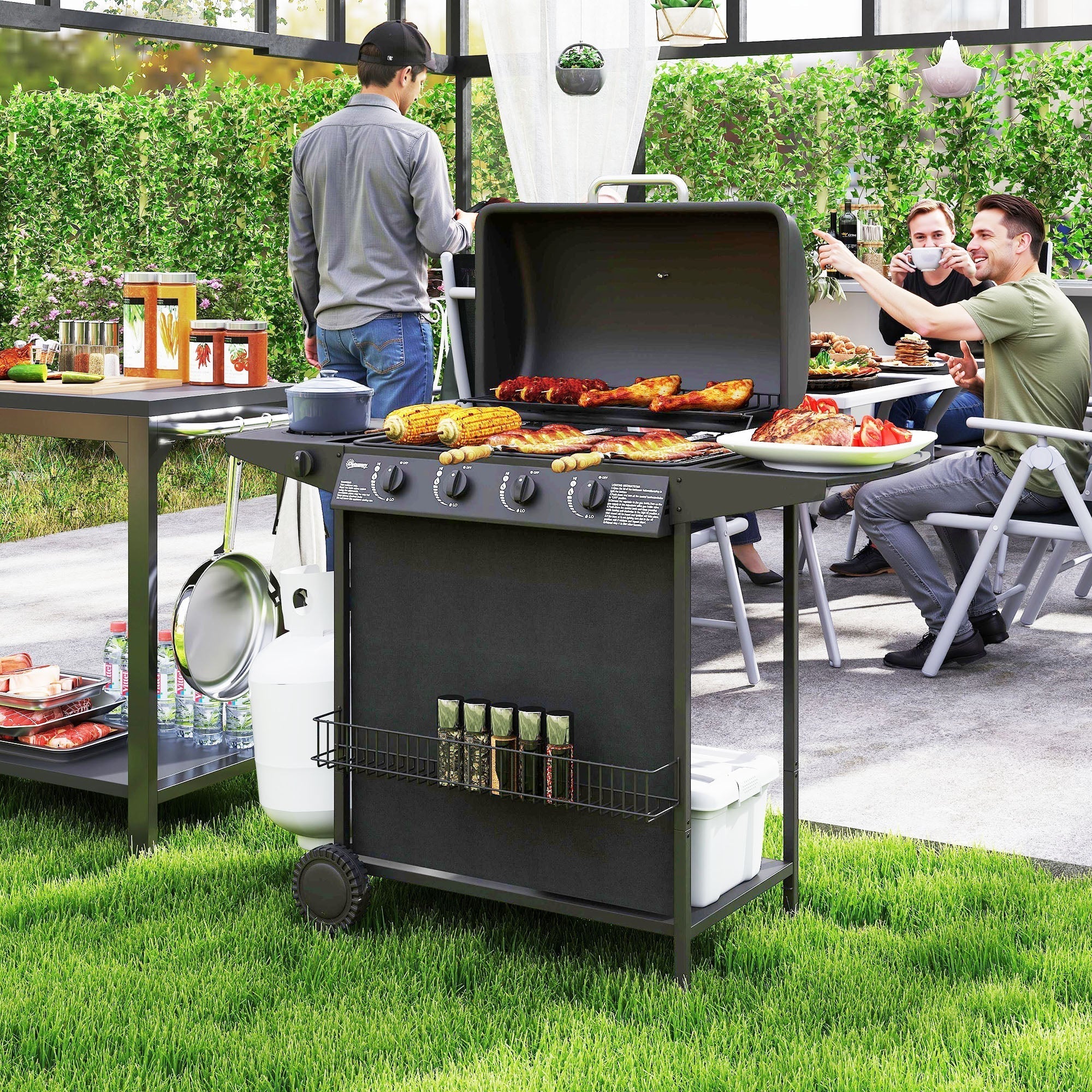 Outsunny 4+1 Burner Gas BBQ Grill, Portable Gas Barbecue Grill with Built-in Thermometer, Lid, Side Table, Shelf, Spice Rack, Wheels, Grease Cup for Garden Party Outdoor Cooking, Black