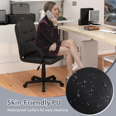 A woman sitting in the PU upholstered office chair at a desk, showing waterproof surface