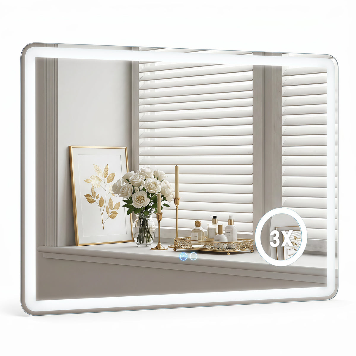 LED Bathroom Mirror with Anti-Fog and 3X Magnification Hardwired showing its illuminated front and a 3x magnification circle