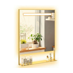 LED Bathroom Mirror with Shelf Aluminum Framed Right-angled Shape with glowing golden light