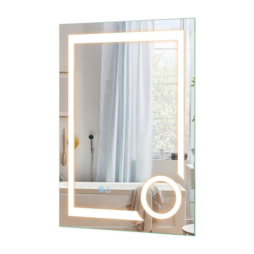 LED Lighted Bathroom Mirror with a rectangular frame and a circular magnifying section