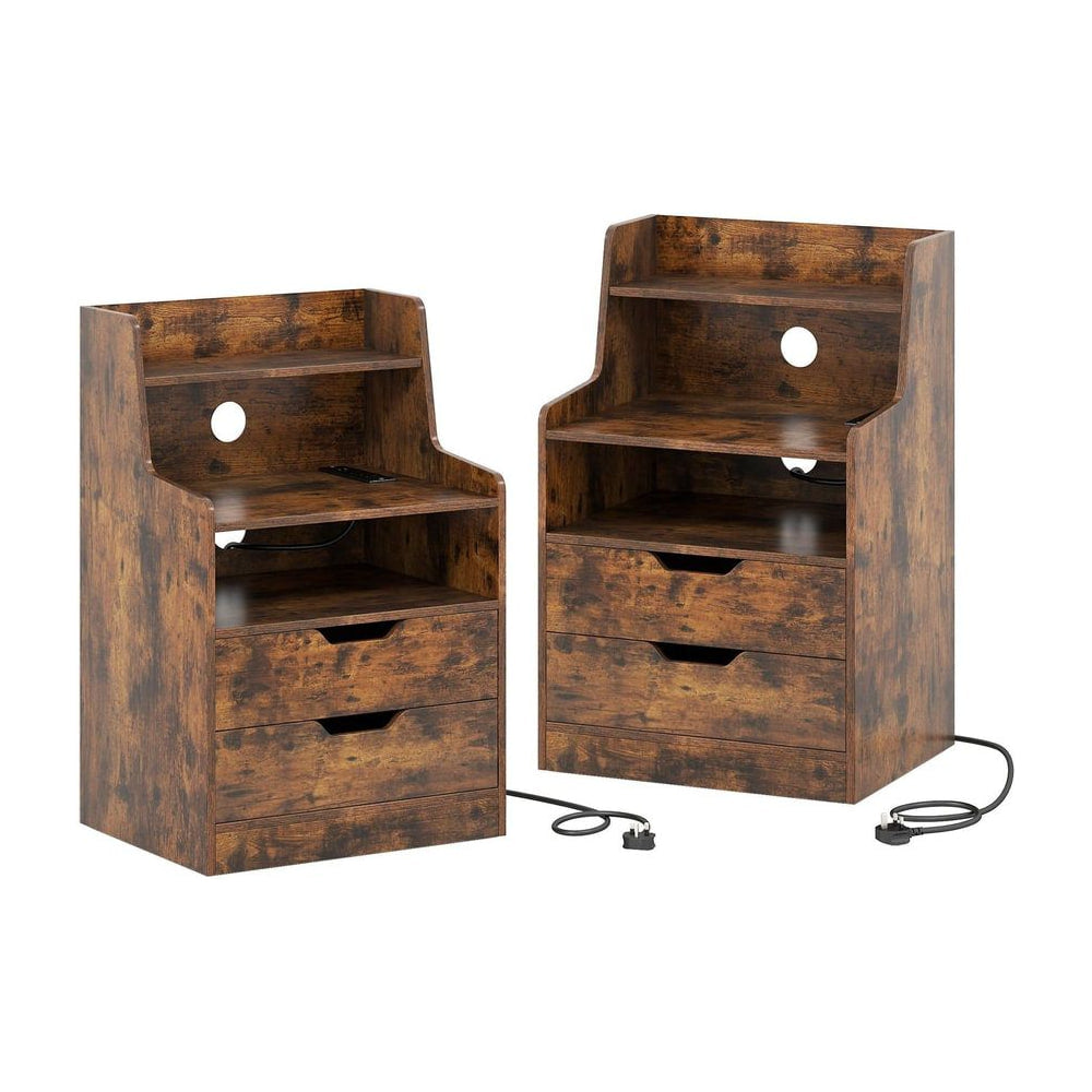 LED Nightstand with charging station, 2-drawer bedside table with open shelf in rustic brown