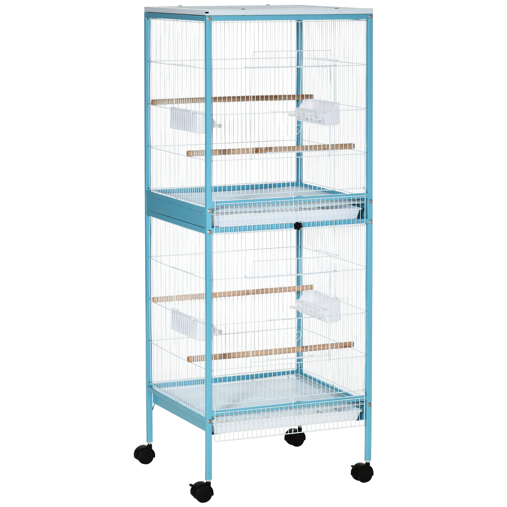 PawHut Bird Cage Budgie Cage 2 In 1 Large Aviary with Wheels Removable Trays for Finch Canaries Cockatiels Light Blue