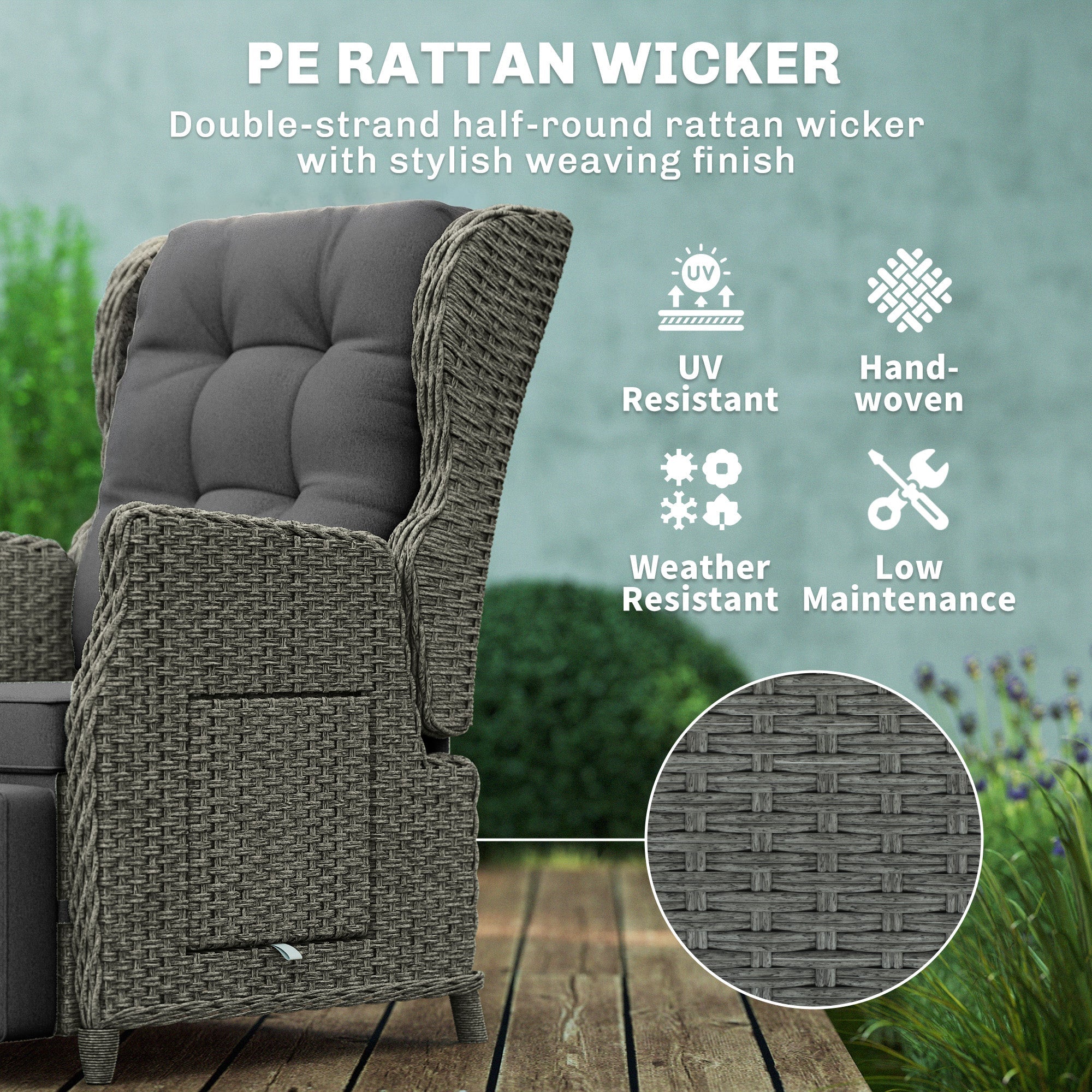 Outsunny Rattan Garden Recliner Chair, Reclining Garden Chair with Adjustable Back and Footrest, Flip Table, Cushion, Dark Grey