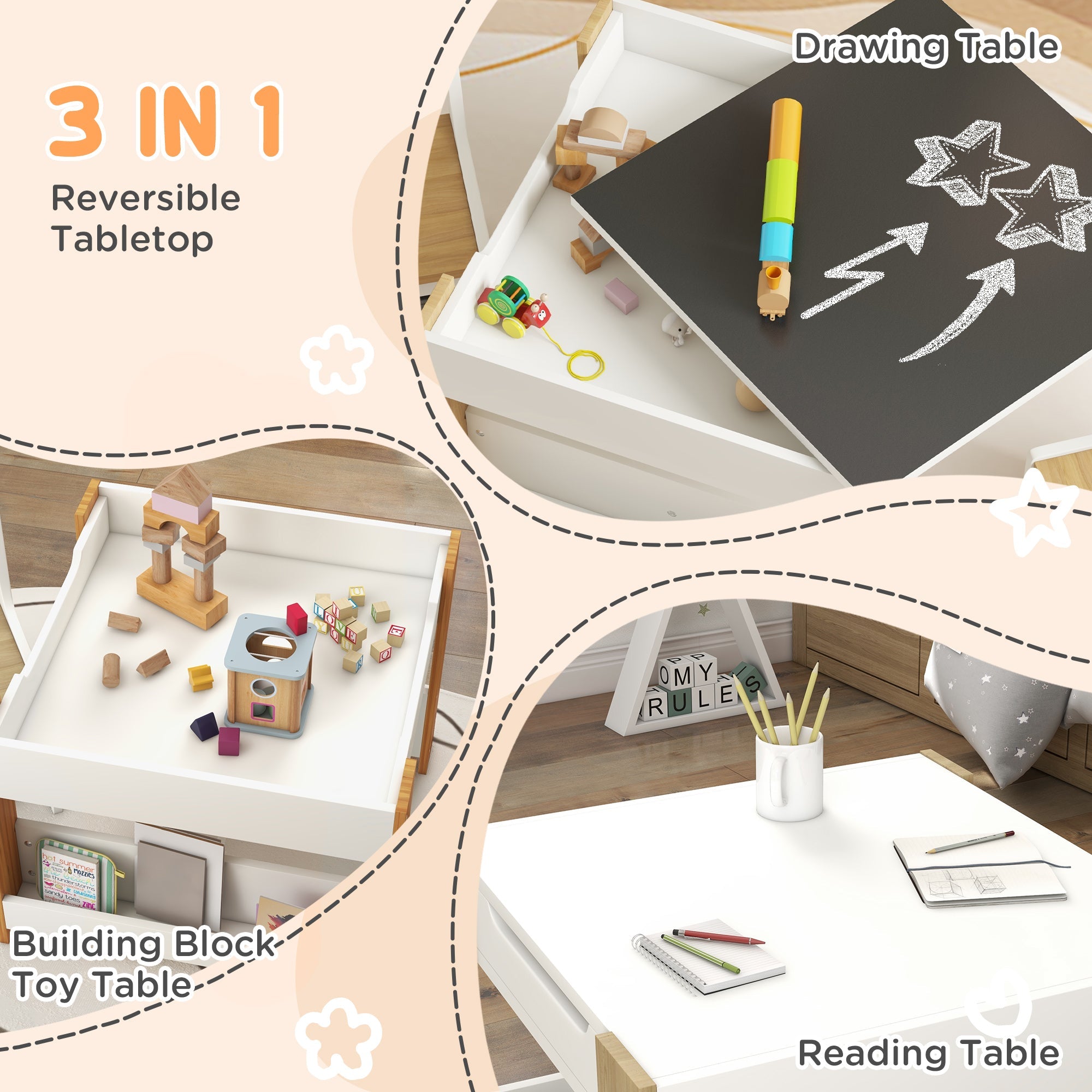 HOMCOM Three-Piece Kids Table and Chair Set with Blackboard, Storage, Bookshelves - Natural Wood