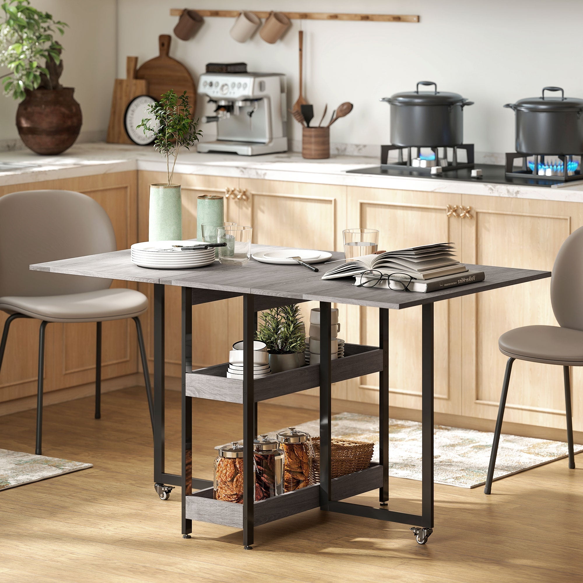 HOMCOM Four-Person Drop Leaf Table - Grey Wood-Effect
