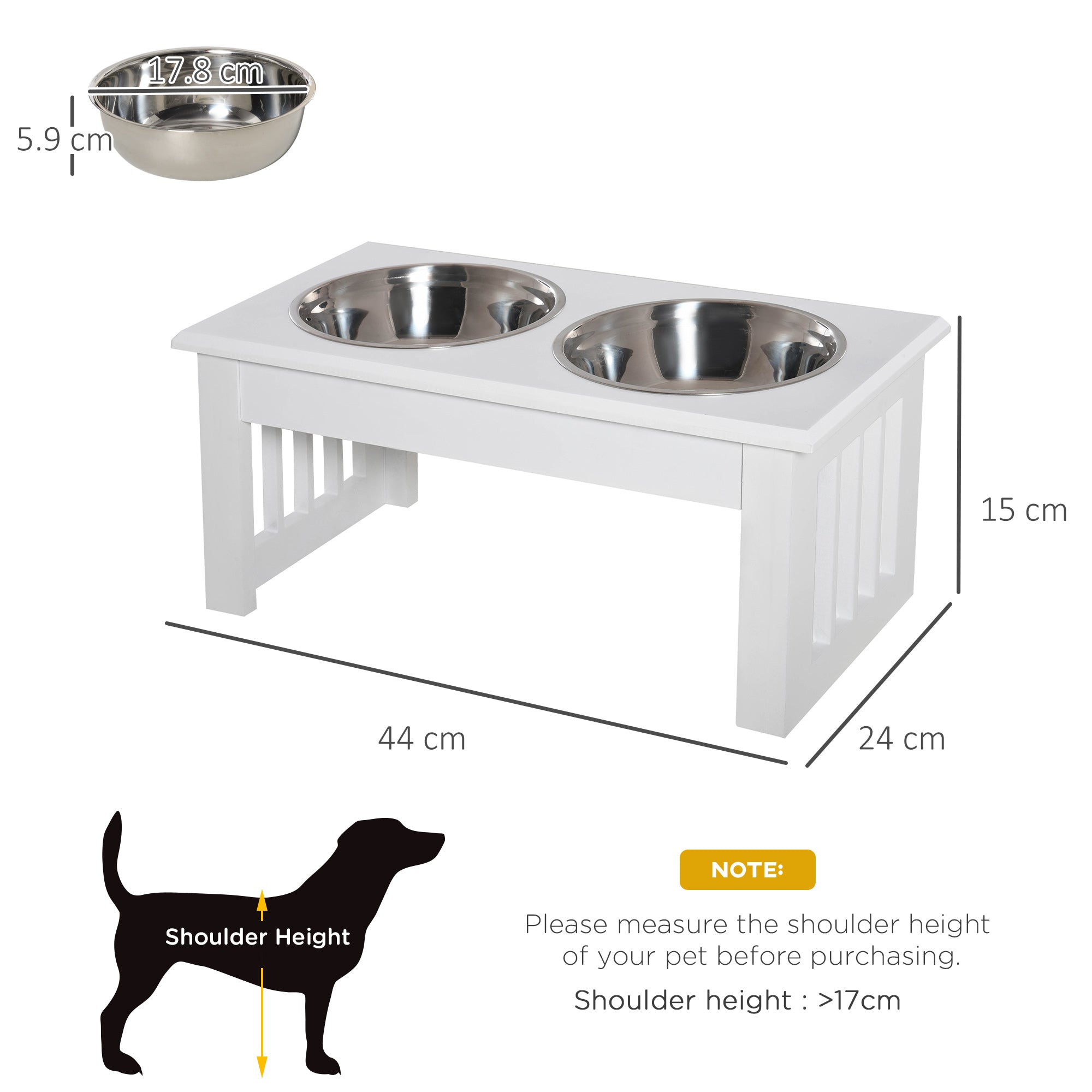 PawHut Raised Dog Feeding Bowls with Stand, Stainless Steel for Extra Small and Small Dog, 44L x 24W x 15H cm - White