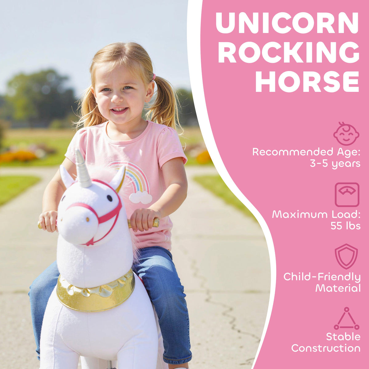 AIYAPLAY Kids Rocking Horse, Plush Walking Horse with Wheels, Ride On Unicorn Toy for Ages 3-5 Years Old, White