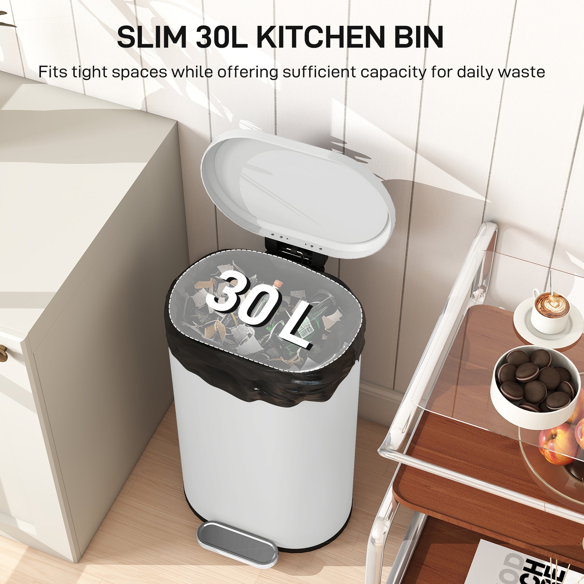 HOMCOM 30 L Modern Curved Kitchen Bin - Cream