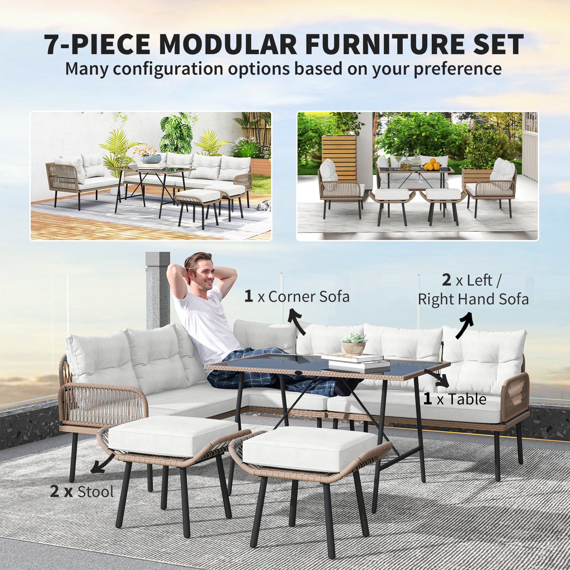 Outsunny 6 Piece Rattan Garden Furniture Set, 8 Seater Garden Corner Sofa with Cushions and Glass Top Table, Sectional Outdoor Furniture Conservatory Set for Patio, Cream White
