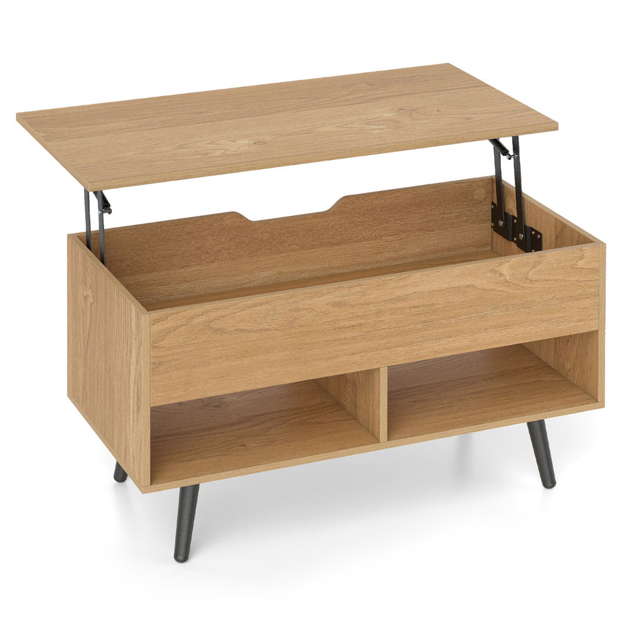 Lift Top Coffee Table with Hidden Compartment and Open Storage Shelves-Natural