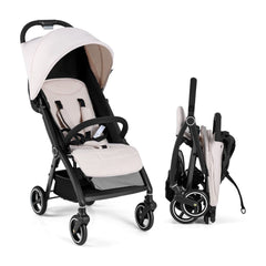 Lightweight Foldable Baby Stroller with Adjustable Backrest and Canopy in beige, shown open and folded