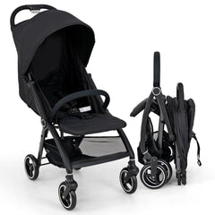 Lightweight Foldable Baby Stroller with Adjustable Backrest and Canopy in black, shown open with a baby inside