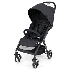 Black baby stroller shown from the front with the canopy up