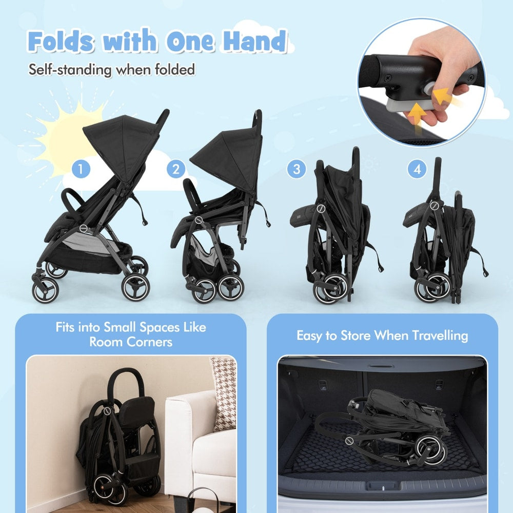 Steps showing how to fold the lightweight baby stroller with one hand