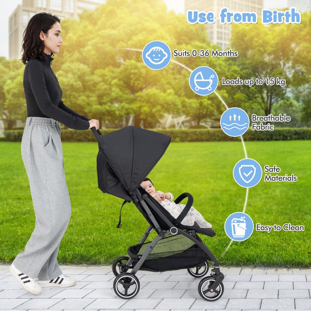 Lightweight Foldable Baby Stroller with Adjustable Backrest and Canopy in Black