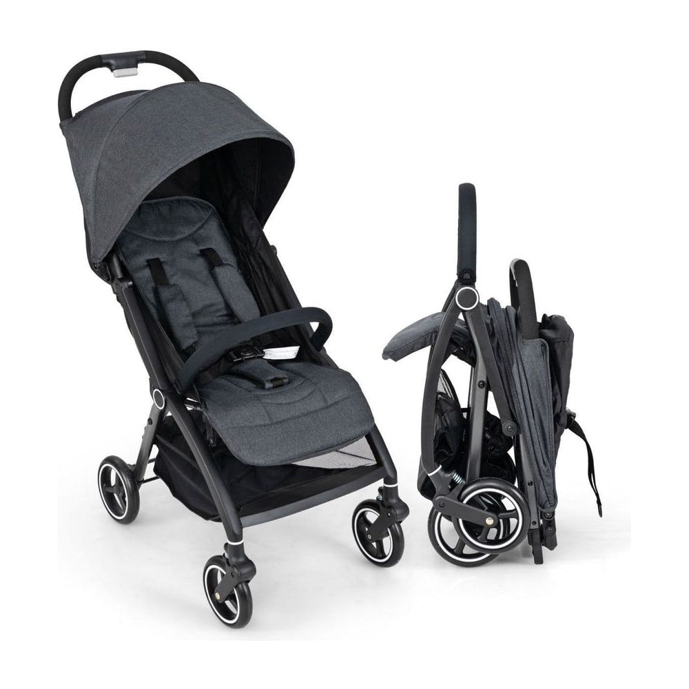 Lightweight Foldable Baby Stroller with Adjustable Backrest and Canopy in grey, shown open and folded