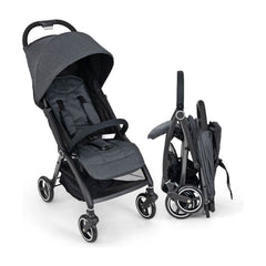 Lightweight Foldable Baby Stroller with Adjustable Backrest and Canopy in grey, shown open and folded