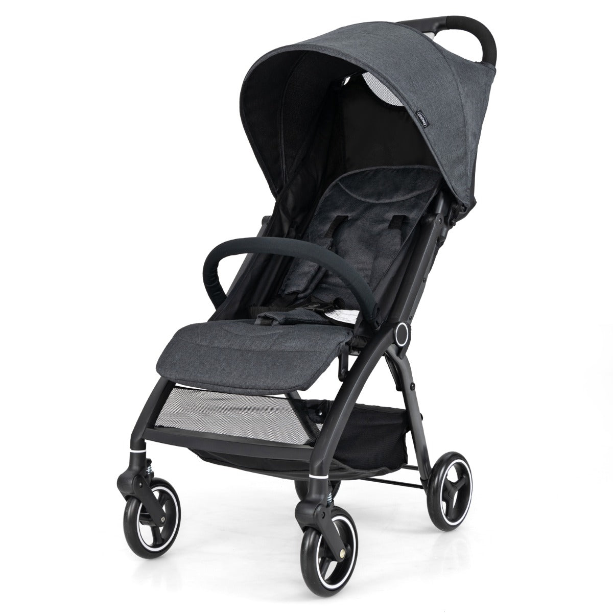Front view of the grey baby stroller with canopy up and adjustable backrest