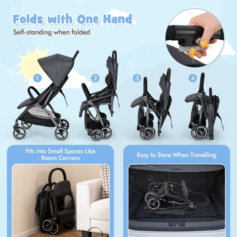 Collage showing how to fold the grey baby stroller and store it in a car boot