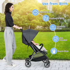 Woman pushing the grey baby stroller with a baby inside, with icons indicating features