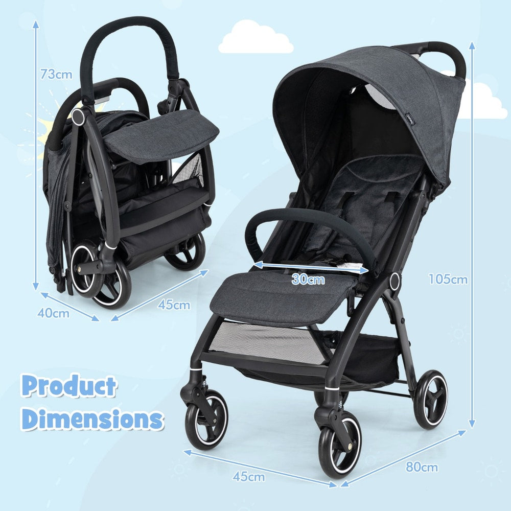 Dimensions of the grey baby stroller shown open and folded