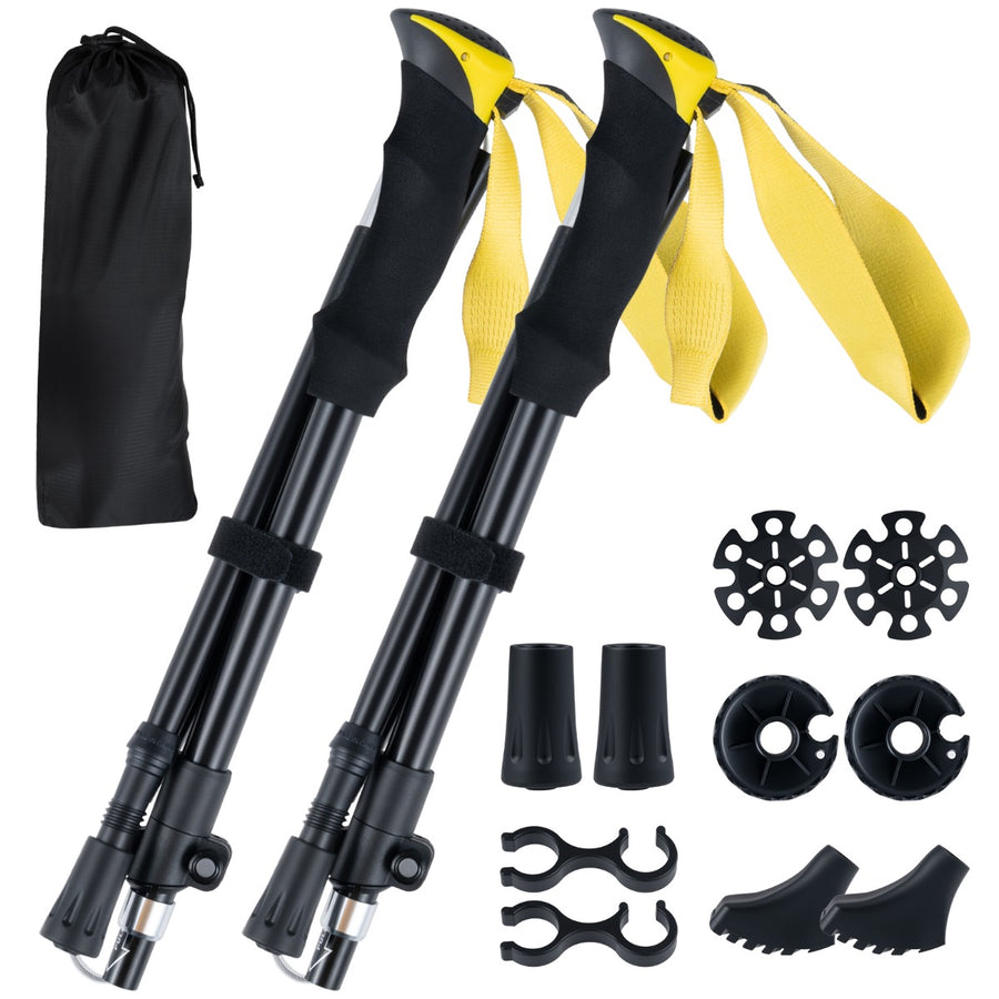 Lightweight Tri-fold Walking Sticks with yellow straps and black handles, shown with accessories and carry bag