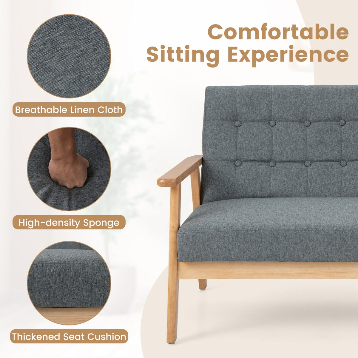 2-seat Cushioned Couch with Rubber Wood Frame and Classic Tufted Design-Grey